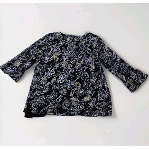 Canda C&A Top Womens L Black Floral Lined 3/4 Sheer Sleeves Lagenlook Whimsigoth - Picture 13 of 15